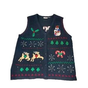 Vintage Basic Editions Holiday Christmas Sweater Vest Women's Large 14-16 Black